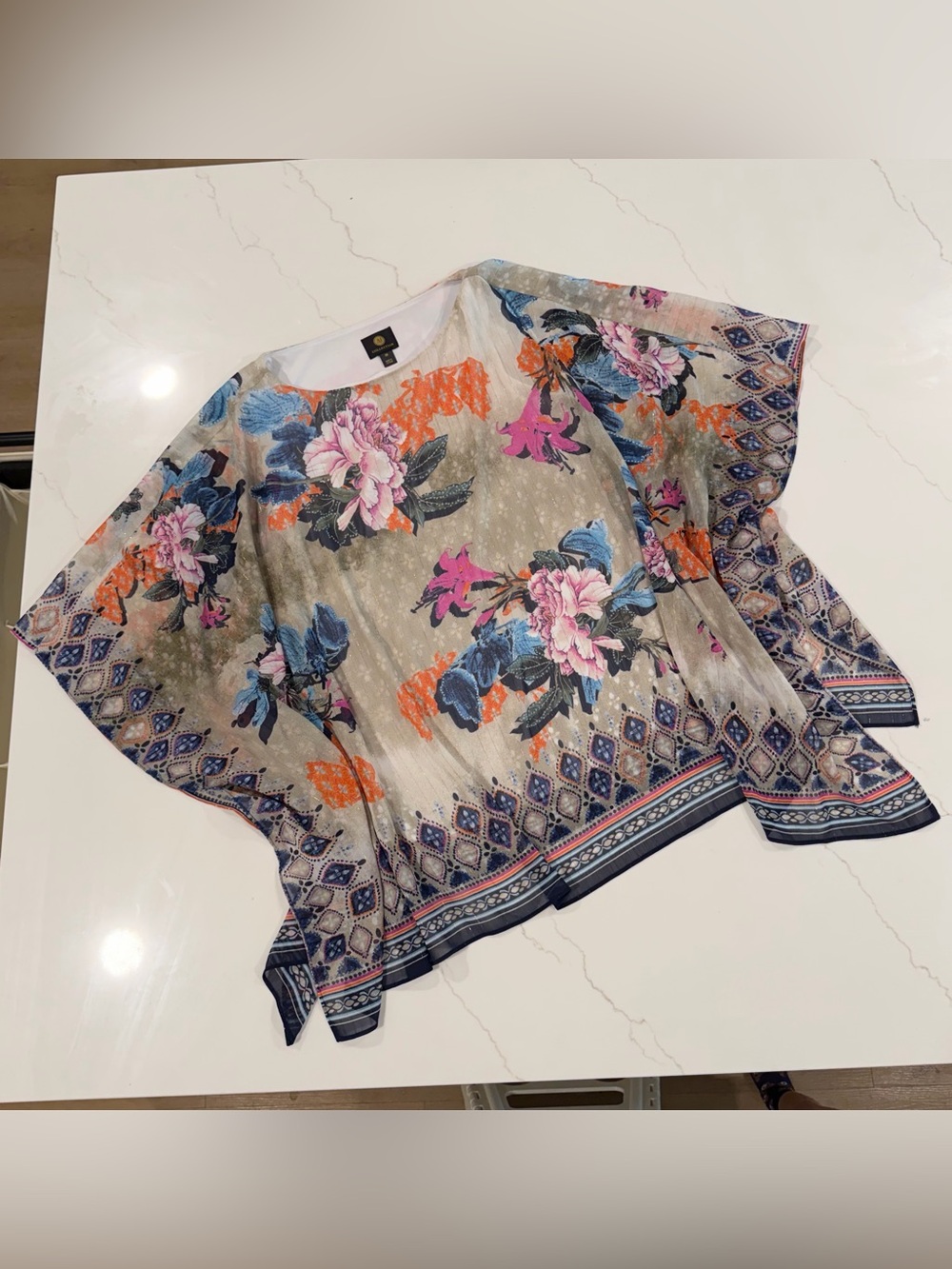 JM‎ Collection Floral Border Kaftan Top - Gray with Pink & Blue Floral